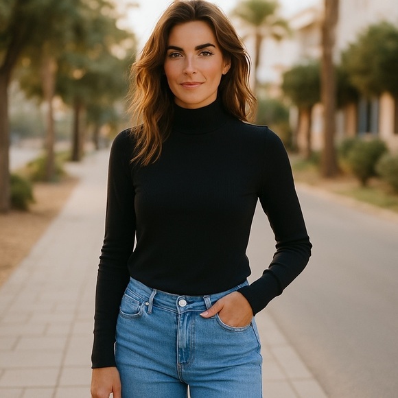 American Eagle Ribbed Mock Neck Long Sleeve Black Top Size S - Picture 1 of 6